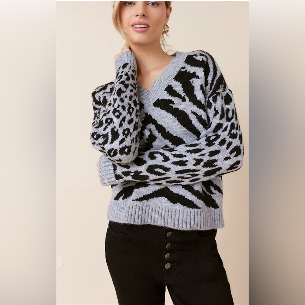 New Francesca’s Dianne Animal Print V Neck Pullover Sweater